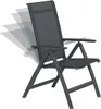 A dark gray folding garden chair is shown against a white background. The chair's backrest is depicted in multiple positions, indicating adjustability. Produktbild-Vorschau