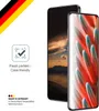 Two smartphones are displayed, one with a dark screen showing a landscape and the other with a colorful abstract image. There are also marketing graphics and text. Produktbild-Vorschau