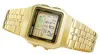 A gold-colored digital watch with a world time display is shown against a white background. Produktbild-Vorschau