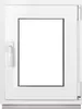 A white PVC window with a white handle, shown against a white background. Produktbild-Vorschau