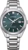 A close-up studio shot of a silver and green Citizen Eco-Drive watch with a metal band. Produktbild-Vorschau