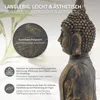 A close-up profile view of a Buddha statue with descriptive text overlays highlighting its features and material. Náhľad obrázku produktu