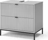 A gray vanity cabinet with two drawers on a white background. Voir les images du produit