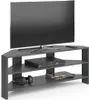 A gray corner TV stand with a television, a media player, headphones, and magazines. Produktbild-Vorschau