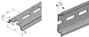 Two close-up views of a galvanized, perforated DIN rail (Tragschiene Hutschiene TH35). Produktbild-Vorschau