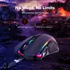 A gaming mouse with RGB lighting is shown connected to a USB-C cable, with promotional text overlayed on a dark, dramatic background. Produktbild-Vorschau