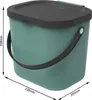 A teal colored trash can with a black lid and handle, with dimensions indicated by white lines and text. Produktbild-Vorschau