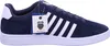 A side view of a navy blue K-Swiss sneaker with white stripes and a white sole, with a product tag attached. Podgląd zdjęcia produktu