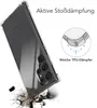 A clear phone case is shown on a white background, with graphics illustrating its protective features. Produktbild-Vorschau