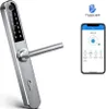 A smart door lock with a keypad and handle, shown next to a smartphone displaying the TTLock app. Náhľad obrázku produktu