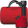 A red portable steam iron and its red storage bag are displayed against a white background. Produktbild-Vorschau