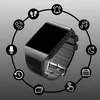 A smartwatch is shown with various feature icons arranged in a circle around it. Produktbild-Vorschau