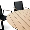 A close-up view of a round wooden garden table and two black chairs with wooden armrests, set against a white background. Produktbild-Vorschau