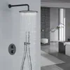 A modern bathroom with a black shower system in operation. Produktbild-Vorschau