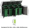A four-unit trash can enclosure with green bins inside, shown with dimensions and a small spirit level. Náhľad obrázku produktu