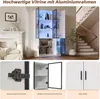 A collage of images showcasing a white vitrine with LED lights, its hinges, a glass door with an aluminum frame, and its handles. The main image shows the vitrine in a living room setting next to a fireplace and a staircase. Anteprima dell’immagine prodotto