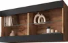 A close-up view of a modern black and wood-tone hanging cabinet with decorative items on its shelves. Náhľad obrázku produktu