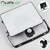 A LUMILED LED floodlight with a motion sensor is shown on a white background. Inset images show details of the product's mounting and sensor. Náhled obrázku produktu