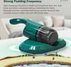 A green handheld vacuum cleaner is shown resting on its charging base, with an illustration of it cleaning a mattress and removing dust mites. Náhled obrázku produktu