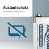 A battery with marketing text and an icon indicating leak protection. Anteprima dell’immagine prodotto