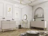 A well-lit interior scene featuring a beige sideboard with gold legs, a vanity table with a round mirror, and decorative items. Voir les images du produit