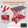 A red hydraulic scissor lift table with a black non-slip pad on top, shown with inset images highlighting security features. Voir les images du produit
