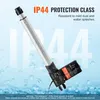 A linear actuator is shown against a light blue background with water splashes and large 'IP44' text. Podgląd zdjęcia produktu