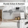 A white loft bed with a slide and ladder, set up in a child's room with a rug and baskets. Produktbild-Vorschau