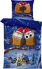 A Christmas-themed duvet cover and pillowcase set featuring cartoon owls in a snowy village scene. Produktbild-Vorschau