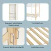 A collage of four images showcasing different aspects of a bunk bed with a wardrobe, including the interior of the wardrobe, the bunk bed structure, wardrobe handles, and bed slats. Anteprima dell’immagine prodotto