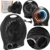 A collage of images showcasing a black electric fan heater from multiple angles, including a close-up of the controls and a view of the heating element with colored lights.