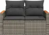 A front view of a two-seater outdoor sofa made of grey poly rattan with dark grey cushions and wooden armrests. Podgląd zdjęcia produktu