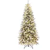 A slim, snow-dusted artificial Christmas tree with warm white LED lights, standing on a black metal stand against a white background. Produktbild-Vorschau