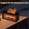 A decorative fireplace humidifier with flame effect sits on a nightstand next to a bed. Produktbild-Vorschau