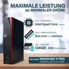 A black and red mini PC is displayed with technical specifications and Windows 11 Pro branding. Produktbild-Vorschau