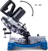 A miter saw is shown on a white background, with an arrow indicating the range of motion for the saw blade. Produktbild-Vorschau