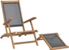 A wooden deck chair with a black mesh seat and a separate footrest, shown against a white background. Voir les images du produit