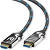 A close-up studio shot of two HDMI cables with braided sleeves and metallic connectors. Produktbild-Vorschau