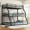 A black metal triple bunk bed with mattresses and pillows, set up in a room with a large window and curtains. Podgląd zdjęcia produktu