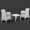 A white wicker-style garden set consisting of a square table and two armchairs with gray cushions, set against a dark gray background. Produktbild-Vorschau