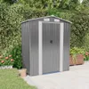 A grey metal shed is shown in a garden setting with plants and paving stones. Produktbild-Vorschau