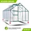 A green aluminum greenhouse with a silver foundation frame, shown against a white background with marketing text and icons. Produktbild-Vorschau