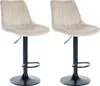 Two beige bar stools with black metal bases are shown against a white background.