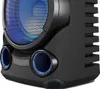 A close-up view of a black entertainment center with blue accents. Produktbild-Vorschau
