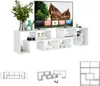 A white TV stand with a television on top, and decorative items on the stand. Below the main image are three smaller images showing different configurations of the TV stand. Náhled obrázku produktu