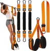 A woman is using resistance bands attached to a pull-up bar for exercise. The resistance bands and a separate strap are displayed separately. Náhled obrázku produktu