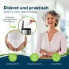 A woman is shown smiling, with images of incontinence products and their disposal shown in inset circles. The bottom of the image features icons and text describing product features. Produktbild-Vorschau