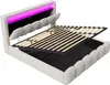 A white upholstered bed frame with the mattress support raised, revealing storage space underneath. The headboard has integrated pink LED lighting. Produktbild-Vorschau