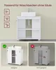 A collage showing a bathroom vanity cabinet with a sink, illustrating its suitability for sinks without pedestals. It includes diagrams and examples of correct and incorrect installations. Produktbild-Vorschau
