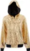 A gold sequined bomber jacket with a black hood lining and black cuffs and hem, shown against a white background. Produktbild-Vorschau